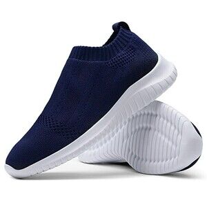 Athletic Walking Sneakers Navy Blue Slip-On Woven Mesh Womens 8 Tiosebon